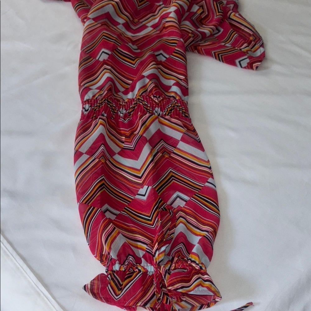 Simply Styled Pink Chevron Geometric Ruffle Tie Neck Blouse Large - Picture 5 of 8